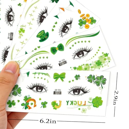 St. Patrick's Day Face Sticker- 6 Sheets Shamrock Eye Body Stickers for Kids & Adults | Green Clover Irish Temporary Tattoo Sticker for St. Patrick's Day Parade, Party Makeup Festival Supplies