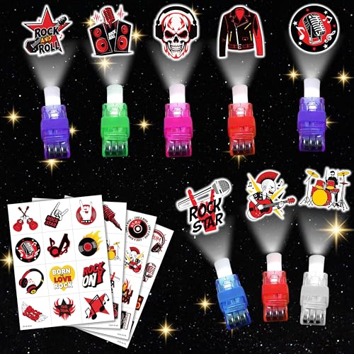 72 PCS Rock Party Favors ? 48 PCS Tattoos & 24 PCS LED Finger Lights Combo ? Birthday Goodie Bag Fillers, Party Supplies, Gifts Light Up Toys Glow In The Dark for Boys and Girls