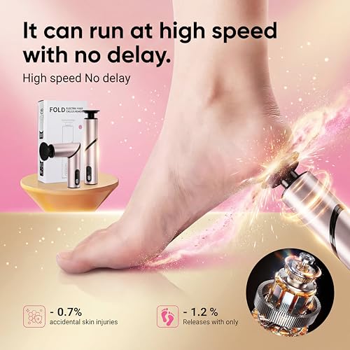 Electric Foot Callus Remover, Rechargeable Pedicure Kit with 10 Heads & 40 Grit Pads, 3 Speed LED Display, Strong Motor for Heels & Dead Skin, Portable & Foldable Callus Remover for Smooth Feet, Pink
