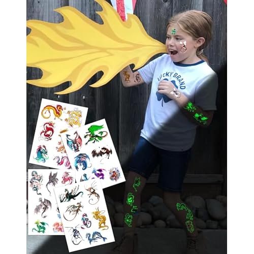 140 Pieces Luminous Dragon Temporary Tattoos Dragon Party favors for Kids Adults,Glow in The Dark Dragon Tattoos Stickers Party Supplies Dragon Birthday Party Favors Goodie Bag Fillers