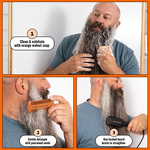 Beard Straightener for Men Kit - Includes Portable Heated Beard Brush, Beard Soap, Pearwood Comb, & Storage Case