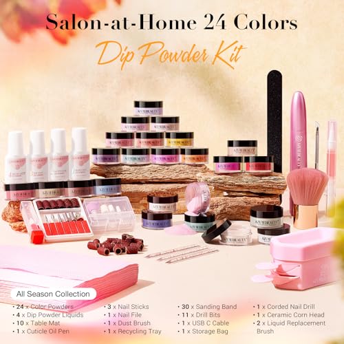 AZUREBEAUTY Dip Powder Nail Kit with Electric Nail Drill 24 Colors Spring Summer Blue Purple Nail Starter Kit with Dip Liquids Base Top Coat Activator Portable Manicure French Nail Art Essential Set