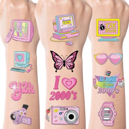 Y2K Temporary Tattoos Decor, 200+ Y2k Birthday Party Decorations, Cool 2000s Cyber Trendn Tattoo Stickers for Teens Retro 00s Bachelorette Party Favors Supplies