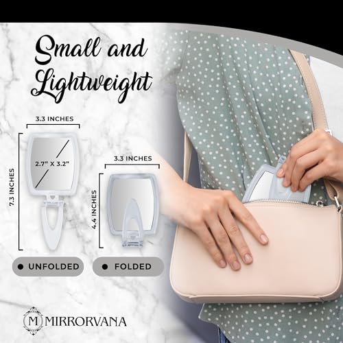 High Magnification Travel Hand Mirror - Foldable 10X & 1X Magnifying Makeup Mirror, 3-in-1 Handheld Mirror, Hanging Mirror, Table Mirror - 3.3" x 7.3" (Unfolded) / 3.3¡± x 4.4¡± (Folded)