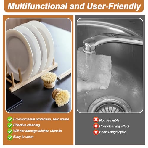 12 Pcs Bamboo Dish Brush Replacement Heads, Natural Sisal Bristle Refills, Eco Friendly Compostable Scrubber Heads for Cleaning Kitchen Utensils