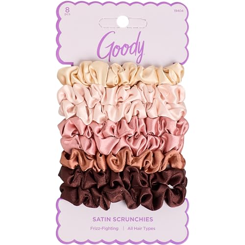 Goody Ouchless Skinny Satin Scrunchies, Frizz Fighting, No Damage Scrunchies, Gentle, Secure & Creaseless Hair Ties for Day and Overnight, All Hair Types, Gifts for Women & Girls, 8 Ct, Pink