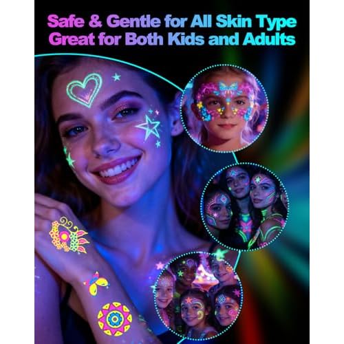 Glow Party Face & Body Paint Markers ? 10 Neon UV Reactive Blacklight Tattoo Pens with Fluorescent Stickers, Water-Resistant, Skin-Safe & Washable for Halloween, Raves (Glows Under UV Light)