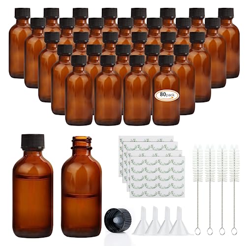 2 oz Amber Glass Bottles, Small Boston Round Glass Bottles (80 Pack) with Leak-proof Caps, Refillable Container for Homemade Extract, Essential Oils, Herbal Medicine and More