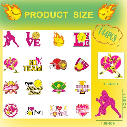 144 Pieces Softball Temporary Tattoos Stickers Softball Baseball Sports Themed Party Favors Supplies, Softball Tattoos for Girls Sporting Fans Softball Party Decorations (16 Styles)