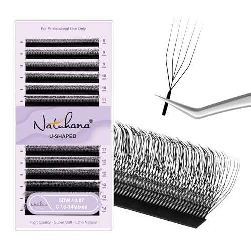 5D U Shape Lash Extensions Easy Fan Russian Volume U Eyelash C/D Curl 0.07mm Natural U Shaped 12 Rows Premade Eye Lashes Supply(Black,0.07C,8-14mm)