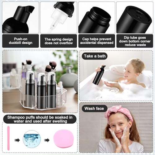 Yaomiao 130 Pcs Lash Shampoo Bottle Brushes Set 20 Foam Pump Dispenser 20 Cleaning Brush 20 Eyelash Extension Spoolies Tube 20 Instructions Cards 20 Aftercare Bags 20 Facial Sponge(Black)