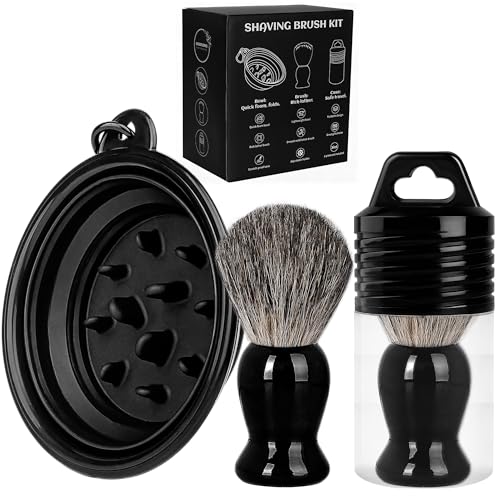 Shaving Brush Set for Men,3 in-1Natural Badger Hair Shaving Brush,Foldable Silicone Bowl, Spiral Opening Brush Case, Portable Wet Shave Gifts Used in Home and Travel (Black)
