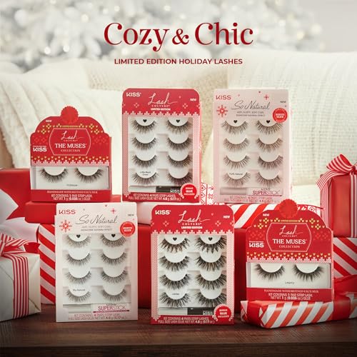 KISS So Natural Holiday False Eyelashes, ¡®Shy Natural¡¯, 8mm-10mm, Natural Volume, Tapered Ends, 3 Pairs + 1 Pair with Glitter, KISS SuperStick Strip Lash Adhesive, Clear, Net Wt. 4.8g (0.17 oz.)