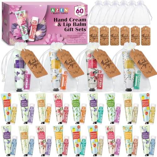 AZEN 60 Sets Bulk Gifts, Hand Cream and Lip Balm Bulk Set with Organza Bag Thank You Card, Baby Shower Wedding Gifts for Guests, Bridal Wedding Favors