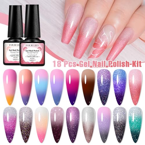 Color Changing Gel Nail Polish Set, 18 Temperature Mood Changing Colors Red Pink Purple, Soak Off UV Light Cure Gel Polish for Salon and Nail Art DIY at Home