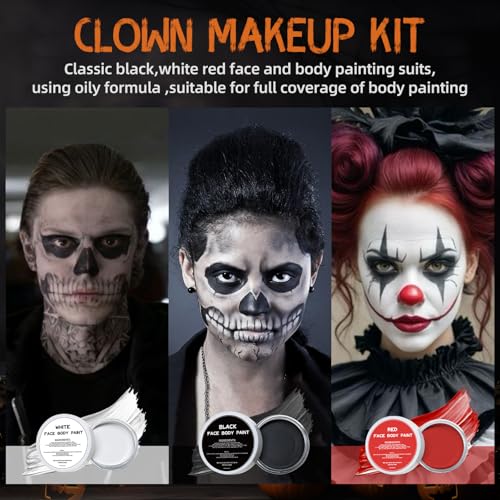 White Black Red Oil Face Body Paint Set,Halloween Joker Clown Makeup Kit with 3 Brushes, Professional Black White Red Face Body Painting Kit for Halloween Sfx Makeup, Theater, Cosplay, Costume