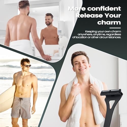 Back Shavers for Men with Foldable Long Ergonomic Handle: DIY Hair Shaver, Replaceable Safety Blade & Portable Razor Groomer for Men, Wet & Dry Shaving - Black (8PCS Blades Included)