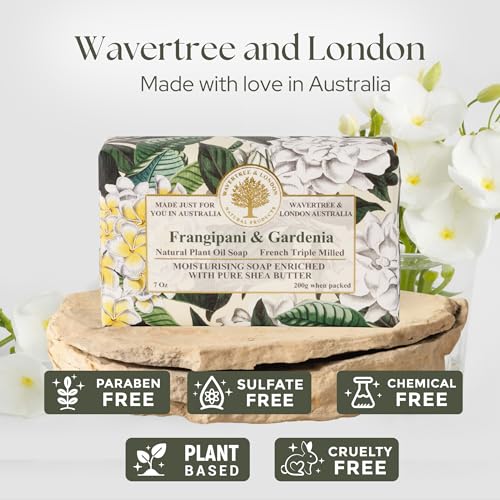 Wavertree & London Frangipani & Gardenia Scented Natural Soap Bar, 7oz Moisturizing French Triple Milled Soap Bar for Women & Men Enriched with Organic Shea Butter, Pure Bath & Body soap bar (1 Bar)