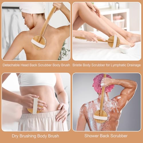 OWIIZI Dry Brushing Body Brush for Back, Detachable Round Head Bristle Large Area Body Brushes for Lymphatic Drainage, Bamboo Curved Long Handle Skin Exfoliator For Men Women Elders Dry Use