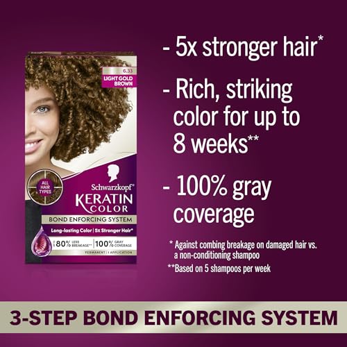 Schwarzkopf Keratin Permanent Hair Dye Cream, 6.33 Light Gold Brown, Professional Quality Color for Up to 100% Gray Coverage, Bond Enforcing System