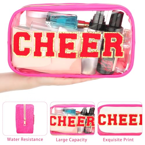 Abbylike Cheer Clear Makeup Letter Bag Cosmetic Zipper Cheers Pouch Chenille Patch Cheerleader Gifts Preppy Cheer Accessories Nylon Handmade Toiletry Bags for Cheerleading Women Girls Gifts, Rose Red