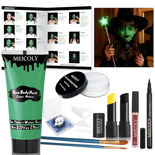 MEICOLY Complete Green Witch Makeup Kit,Wicked Costume Halloween SFX Frankenstein Makeup Set,Elphaba Green Face Paint for Character Cosplay Stage Performance Theater,Setting Powder,Yellow Face Paint