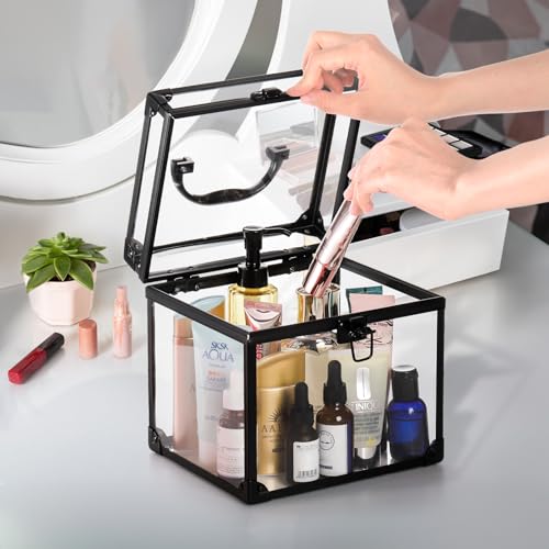 Okllen Crown Box, Clear Cosmetic Case, Acrylic Artists Display Case, Toiletry Train Case with Latches & Handle