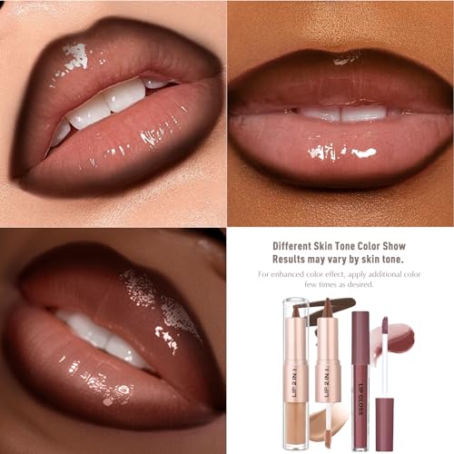 Lip Liner and Gloss Set, 2 in 1 Lip Duo Brown Lip Liner Pencil Nude Liquid Lipstick with Nourishing Lip Gloss Smooth Plumping Lip Kit High Shine High Pigmented Lip Combo Makeup for Women