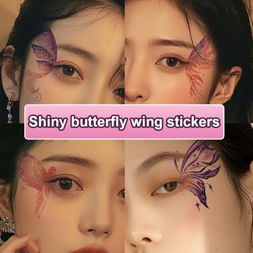 10sheets Glitter Butterfly Makeup Tattoo For Women Girls Butterfly Wings Eye Temporary Stickers Waterproof Fake Face Butterflies Tattoos Accessories For Halloween Festival Party Eye Decor