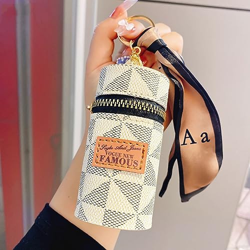 2Pcs Lipstick Organizer, Luxury Leather Lip Gloss Bag, Mini Lipstick Case with Keychain, Girls travel Lipgloss Makeup Storage Holder for Purse Perfume Fingernail Polish (White, Pink)