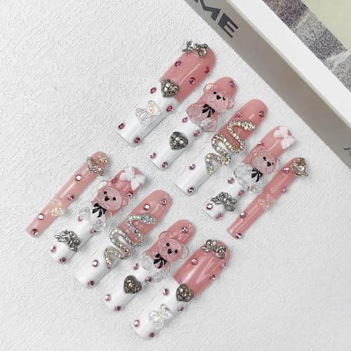 2025 Long Pmma Acrylic Handmade Nail Design Novelty with Rhinestone Bear Love Snake Design Glossy Nail, Reusable Nail Set with Box Gift for Women (White-pink, M)
