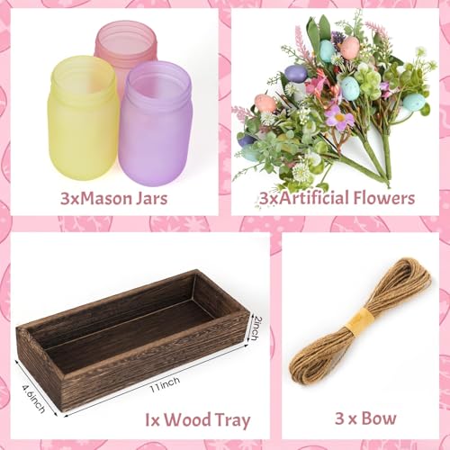 3 Pack Easter Mason Jar Floral Table Centerpiece Tiered Tray Decor with Wood Tray Artificial Easter Egg and Spring Daisy Flowers Plants for Farmhouse Home Kitchen Bathroom Decor