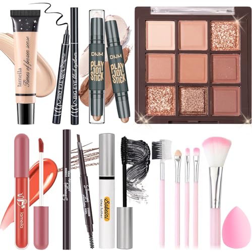 Makeup Set Kit for Women Girls Teens, Makeup Present Set, Includes 9 Color Eyeshadow, Counter Stick, Foundation, Eyebrow Pencil, Eyeliner, Mascara, Lip Gloss, 5Pcs Brushes, Sponge