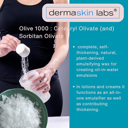Olive 1000 Emulsifier, Cetearyl Olivate, Sorbitan Olivate 1000 Plant-Based Emulsifier Wax ECOCERT COSMOS Validated PEG-free self-emulsifying for DIY Skincare, Haircare Applications (1 lb)