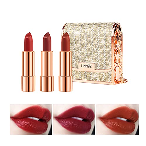 Matte Lipstick Makeup Set for Woman, 3pcs Long Lasting Velvet Lipstick in One Glamour Chain Bag, Red, Non-Stick Cup, Not Fade Waterproof, Color Sensational Lipsticks set