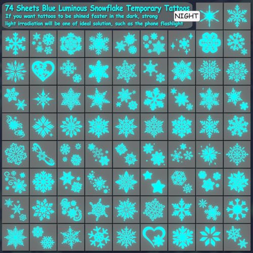 Blue Luminous Snowflake Temporary Tattoos - 74 Individually Sheets White Snowflake Tattoos for Kids Adults Winter Christmas Party Supplies