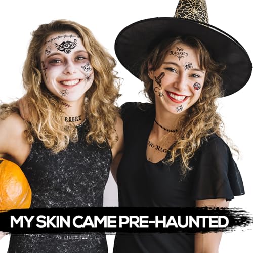 No Ragrets & Barbed Wire Halloween Temporary Tattoos 4 Sheets - Realistic Tattoo Stickers Arm Bands, Spine & Neck Costume for Scary Funny Adult Women Men Parties