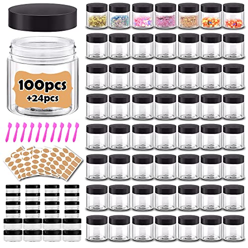 2 oz Plastic Containers with Lids 100pcs Plastic Jars with Lids + 3/5/10 Gram 24pcs Sample Containers Travel Jar? Great for Lip Scrub, Body Butters, Cream, Lotion, Labels & Spatulas (124 Pack)