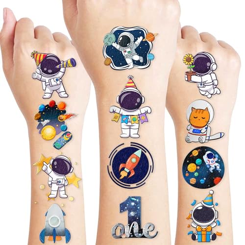 Outer Space Pre-cut Temporary Tattoos 96 PCS One Space Birthday Party Decorations Favors Supplies Planet Themed Stickers 8 Sheets Gifts for Kids Girls Boys Decor Class School Christmas