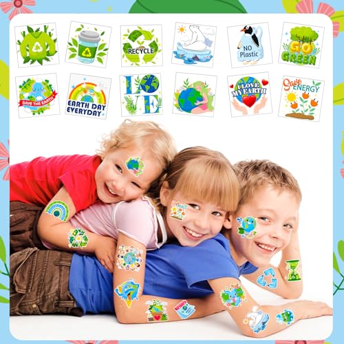 HOWAF 96pcs Earth Day Temporary Tattoos for Earth Day Decorations, Earth Day Tattoo Stickers for Kids, Earth Day Party Favors Environmental Protection Face Tattoos, Blue Green Save Earth Fake Tattoos