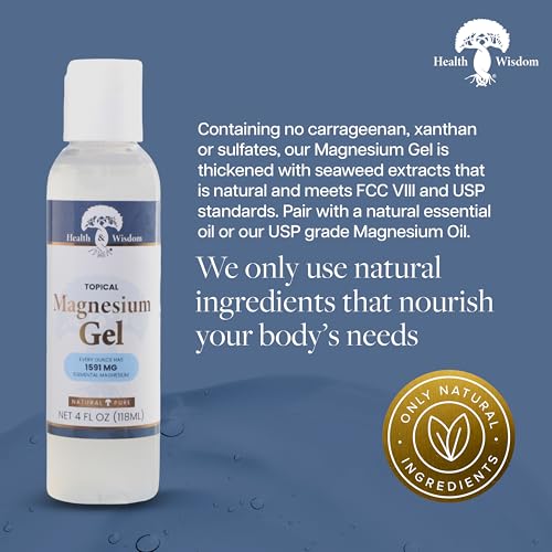 Health and Wisdom Pure Magnesium Gel with Seaweed Extract - Topical Muscle & Joint Relief- Natural and Pure Skin & Scalp Moisturizing - Enhanced Absorption - 4 Fl oz