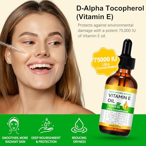Vitamin E Oil for Skin - 75,000 IU | Vitamin E Oil for Scars, Stretch Marks, Wrinkles, 100% Natural d-Alpha Tocopherol for Face & Hair, Moisturizing Anti-Aging (120 ML)
