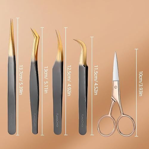5pcs Eyelash Extension Tweezers, High Precision Lash Tweezers Scissors Set, Straight and Curved Eye Lash Tweezers for Extensions, with Storage Box