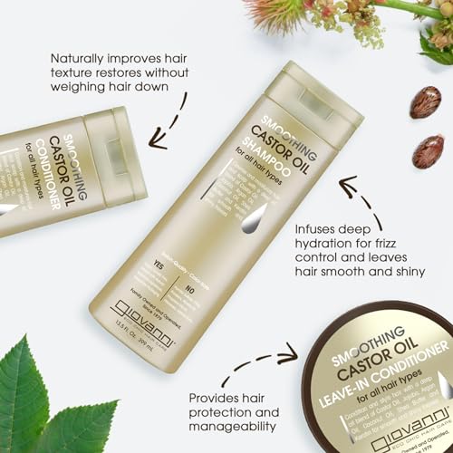 GIOVANNI Smoothing Castor Oil Shampoo - All Hair Types, Moisturize Hair & Scalp, Hydrate & Tame Frizz, Jojoba, Argan Oil, Coconut Oil, Shea Butter, Keratin - 13.5 oz