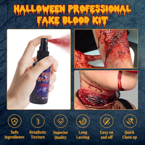 Halloween Fake Blood Sfx Makeup Kit, Special Effects Makeup Kit - Fake Blood Spray 2.03oz ,Dripping Blood 2.03oz, and Coagulated Gel Blood 1.06oz, Safe for Vampire Zombie Monster Cosplay Party Clothes