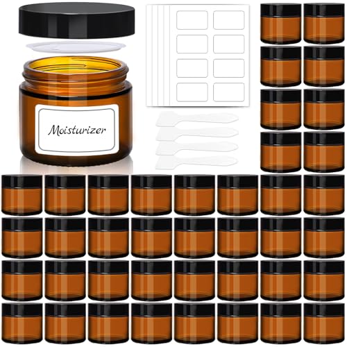 2oz Amber Glass Jars with Lids - 40 Pack Brown Small Cosmetic Containers with Inner Liners, Wide-Round Smooth Mouth Salve Container, Sealable for Creams, Lotions, Essential Oils, Travel Samples