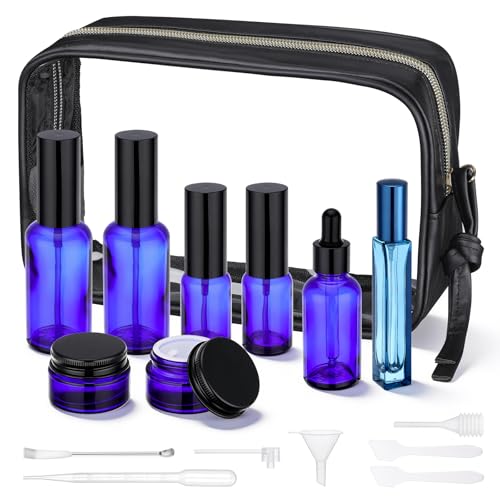 Segbeauty 8pcs Blue Travel Essentials Toilet Bottles Skincare Containers Set with Bag, Refillable Travel Size Containers Pump Bottle Cream Jar, Empty Glass Perfume Spray Bottles, Oils Dropper Bottle