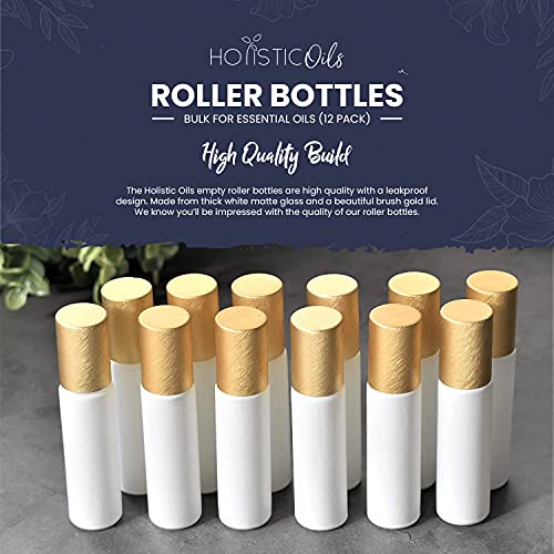 12-Pack 10ml White Glass Roller Bottles with Brushed Gold Leakproof Caps ? Refillable Roll-On Bottles with Updated Roller Insert for Essential Oils, Serums, Perfumes, and DIY Aromatherapy