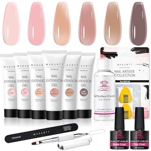 Makartt Poly Nail Gel Kit: 6 Nude Colors Solid Builder 15ML for Poly Extension Enhancement Set with Slip Solution Base Top Coat Dual Forms All in One Hard Gels for Nails Starter Supplies Kit