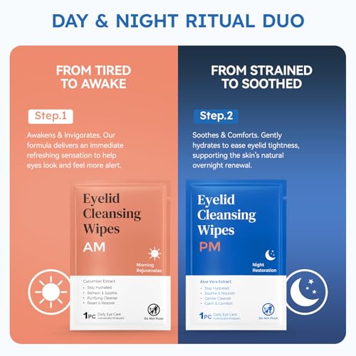 Day & Night Eyelid Wipes for Dry Eyes & Blepharitis Relief - Morning Revitalizing & Evening Soothing Restoration, Dual Use Eyelid & Lash Cleaner for Women and Men, Travel Essentials